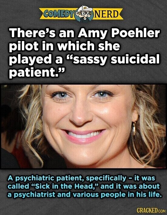 COMEDY NERD There's an Amy Poehler pilot in which she played a sassy suicidal patient. A psychiatric patient, specifically-it was called Sick in the Head, and it was about a psychiatrist and various people in his life. CRACKED.COM
