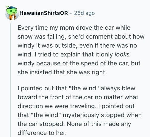 HawaiianShirtsOR 26d ago Every time my mom drove the car while snow was falling, she'd comment about how windy it was outside, even if there was no wind. I tried to explain that it only looks windy because of the speed of the car, but she insisted that she was right. I pointed out that the wind always blew toward the front of the car no matter what direction we were traveling. I pointed out that the wind mysteriously stopped when the car stopped. None of this made any difference to her.