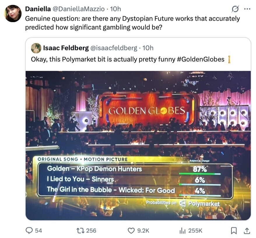 Daniella @DaniellaMazzio 10h G ... Genuine question: are there any Dystopian Future works that accurately predicted how significant gambling would be? Isaac Feldberg @isaacfeldberg 10h Okay, this Polymarket bit is actually pretty funny #GoldenGlobes GOLDEN GLOBES ORIGINAL SONG MOTION PICTURE Subject to change Golden - KPop Demon Hunters 87% I Lied to You-Sinners SOUTH 6% The Girl in the Bubble - Wicked: For Good 4% Probabilities on Polymarket 54 256 9.2K 255K 