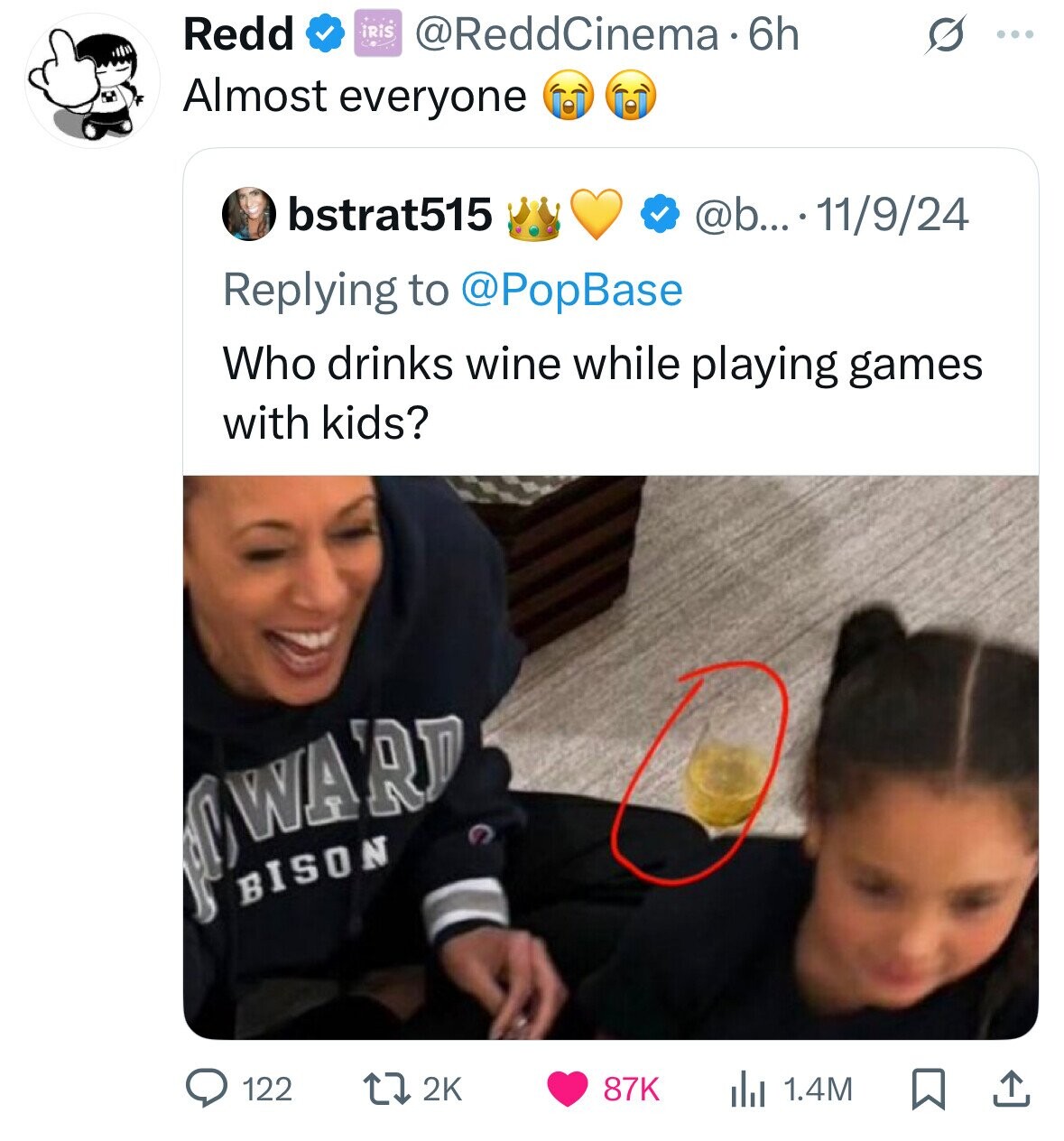 Redd iris @ReddCinema.6 6h S ... Almost everyone bstrat515 @b... 11/9/24 Replying to @PopBase Who drinks wine while playing games with kids? BM BISON WARD 2K 122 87K 1.4M