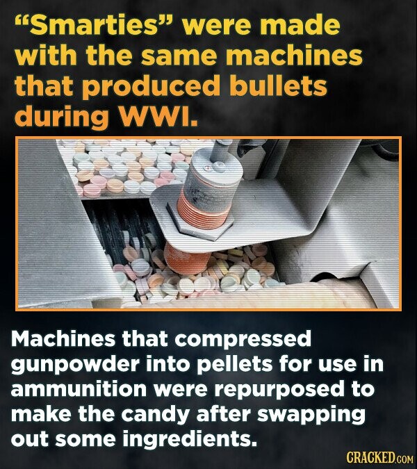 Smarties were made with the same machines that produced bullets during WWI. Machines that compressed gunpowder into pellets for use in ammunition were repurposed to make the candy after swapping out some ingredients. CRACKED.COM