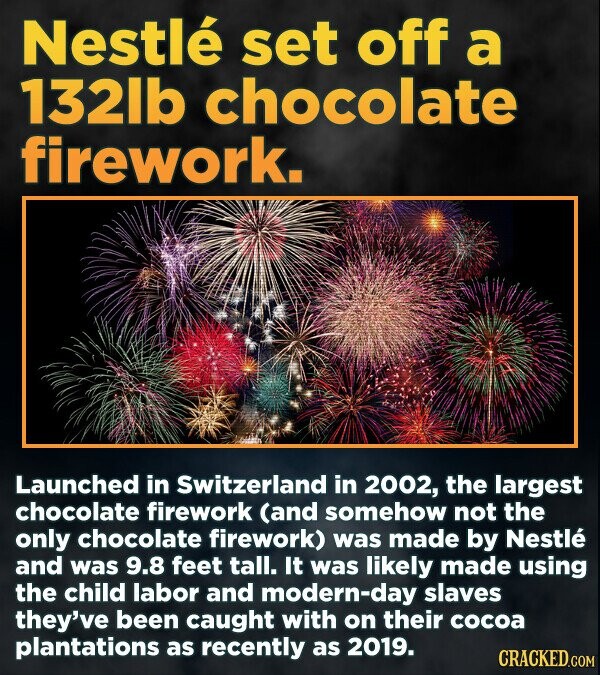 Nestle set off a 132lb chocolate firework. Launched in Switzerland in 2002, the largest chocolate firework (and somehow not the only chocolate firework) was made by Nestle and was 9.8 feet tall. It was likely made using the child labor and modern-day slaves they've been caught with on their cocoa plantations as recently as 2019. CRACKED.COM
