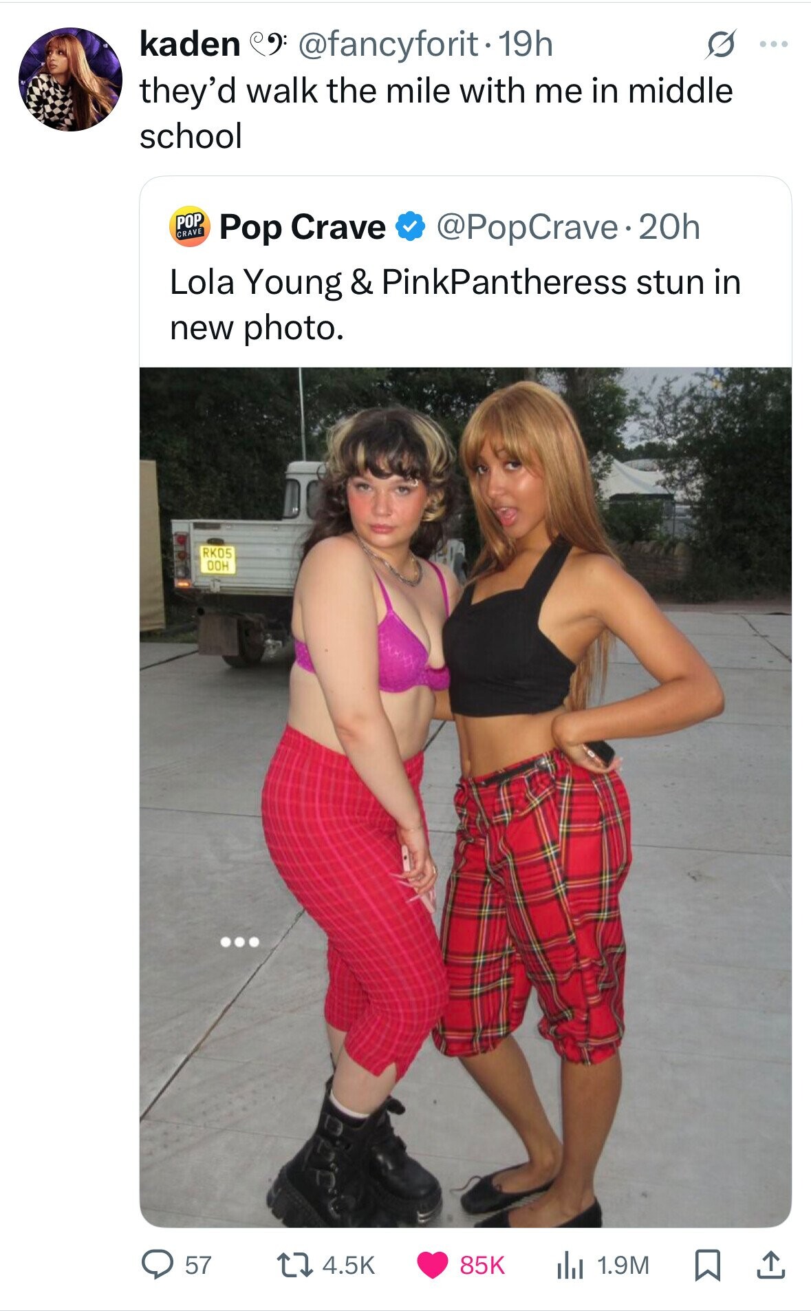 kaden @fancyforit 19h ... they'd walk the mile with me in middle school POP CRAVE Pop Crave @PopCrave.20h Lola Young & PinkPantheress stun in new photo. RK05 OOH ... 57 4.5K 85K dJ 1.9M