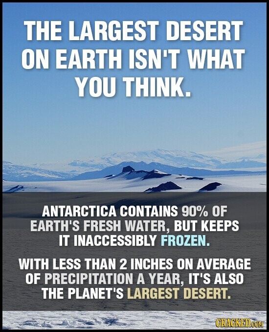 THE LARGEST DESERT ON EARTH ISN'T WHAT YOU THINK. ANTARCTICA CONTAINS 90% OF EARTH'S FRESH WATER, BUT KEEPS IT INACCESSIBLY FROZEN. WITH LESS THAN 2 INCHES ON AVERAGE OF PRECIPITATION A YEAR, IT'S ALSO THE PLANET'S LARGEST DESERT. GRAGKED.COM