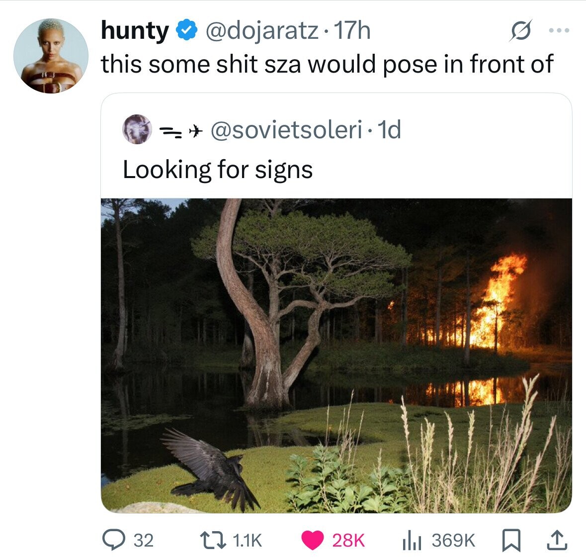 hunty @dojaratz. 17h s ... this some shit sza would pose in front of = + @sovietsoleri.1d Looking for signs 32 1.1K 28K 369K