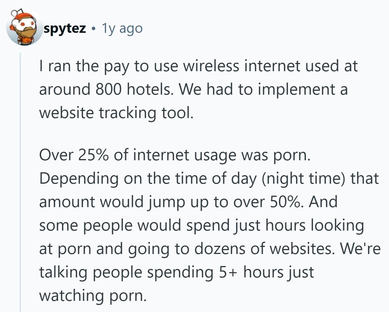 spytez 1y ago I ran the pay to use wireless internet used at around 800 hotels. We had to implement a website tracking tool. Over 25% of internet usage was porn. Depending on the time of day (night time) that amount would jump up to over 50%. And some people would spend just hours looking at porn and going to dozens of websites. We're talking people spending 5+ hours just watching porn.