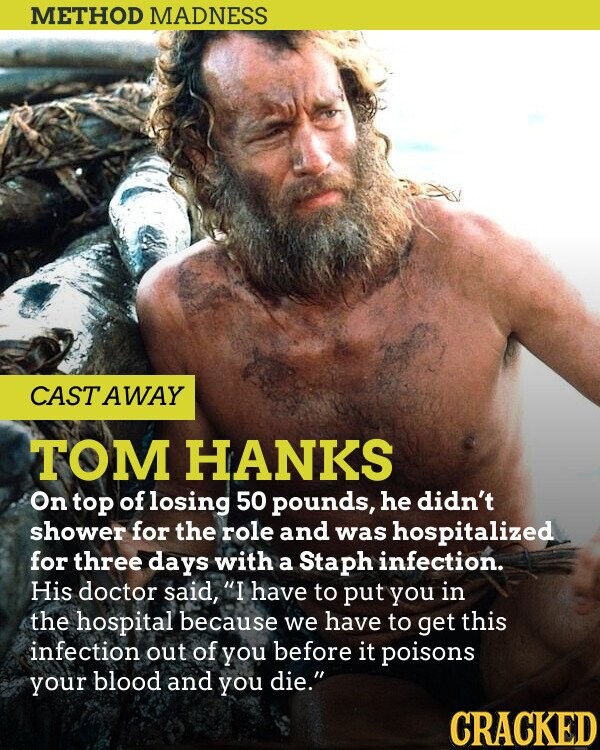 METHOD MADNESS CASTAWAY TOM HANKS On top of losing 50 pounds, he didn't shower for the role and was hospitalized for three days with a Staph infection. His doctor said, I have to put you in the hospital because we have to get this infection out of you before it poisons your blood and you die. CRACKED