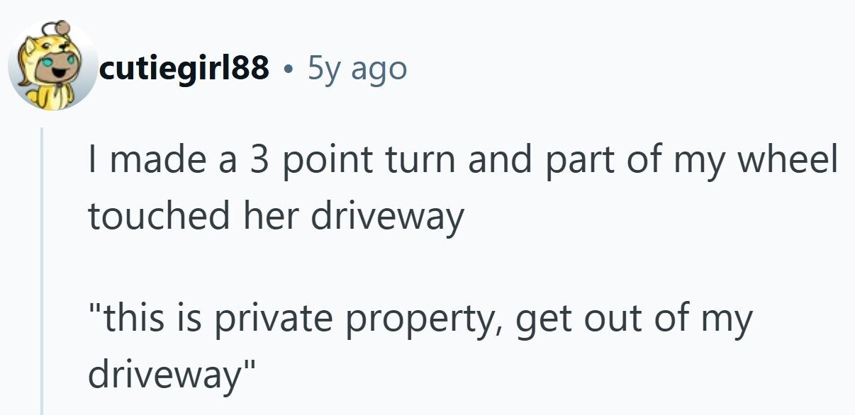 cutiegirl88 . 5y ago I made a 3 point turn and part of my wheel touched her driveway this is private property, get out of my driveway