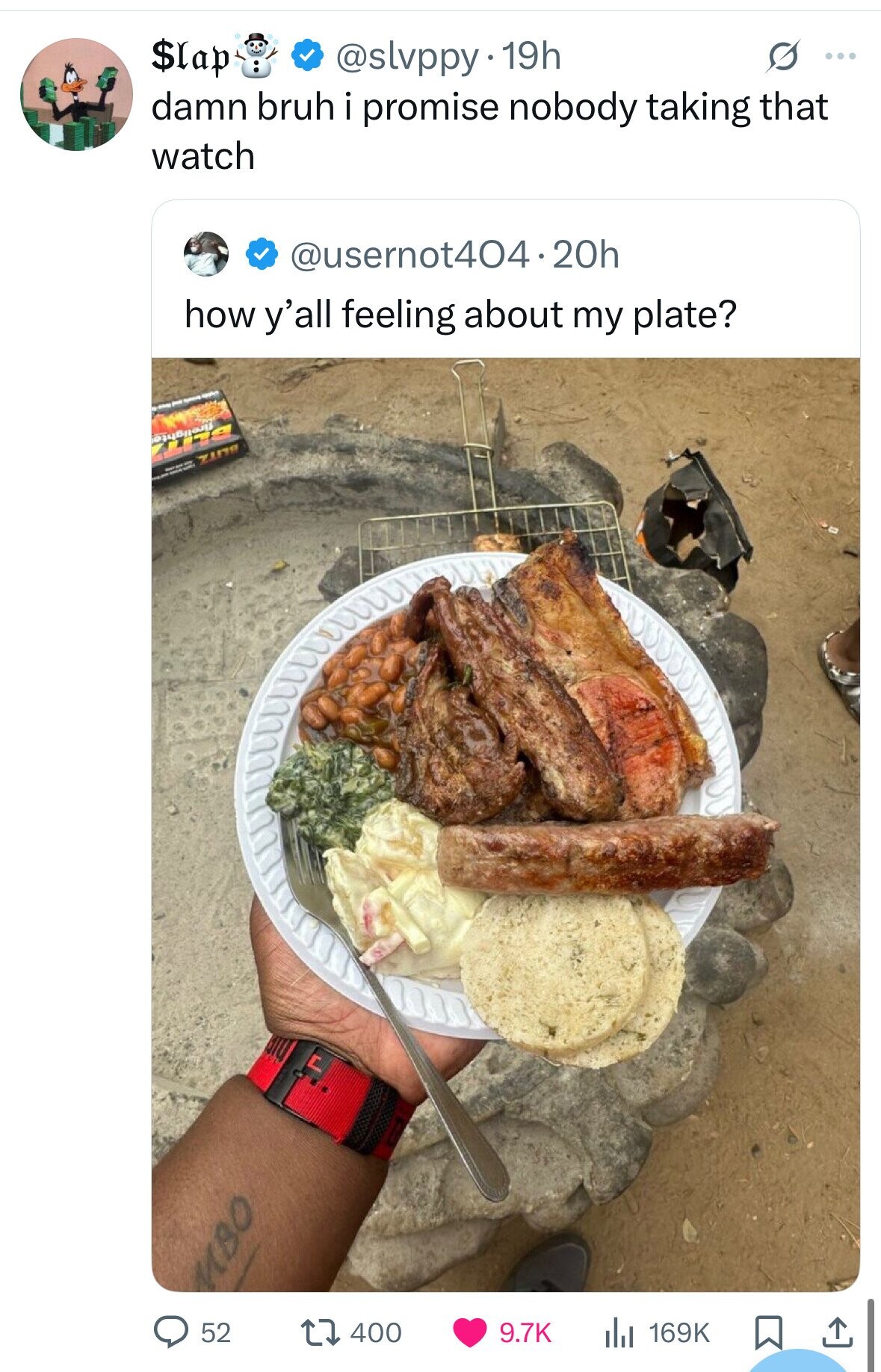 $lap @slvppy 19h s ... damn bruh i promise nobody taking that watch @usernot404.20h how y'all feeling about my plate? - - - - mina zing BE si I MBO 52 400 9.7K 169K