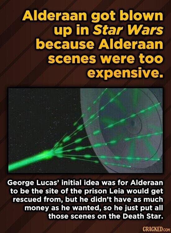 Alderaan got blown up in Star Wars because Alderaan scenes were too expensive. George Lucas' initial idea was for Alderaan to be the site of the prison Leia would get rescued from, but he didn't have as much money as he wanted, so he just put all those scenes on the Death Star. CRACKED.COM
