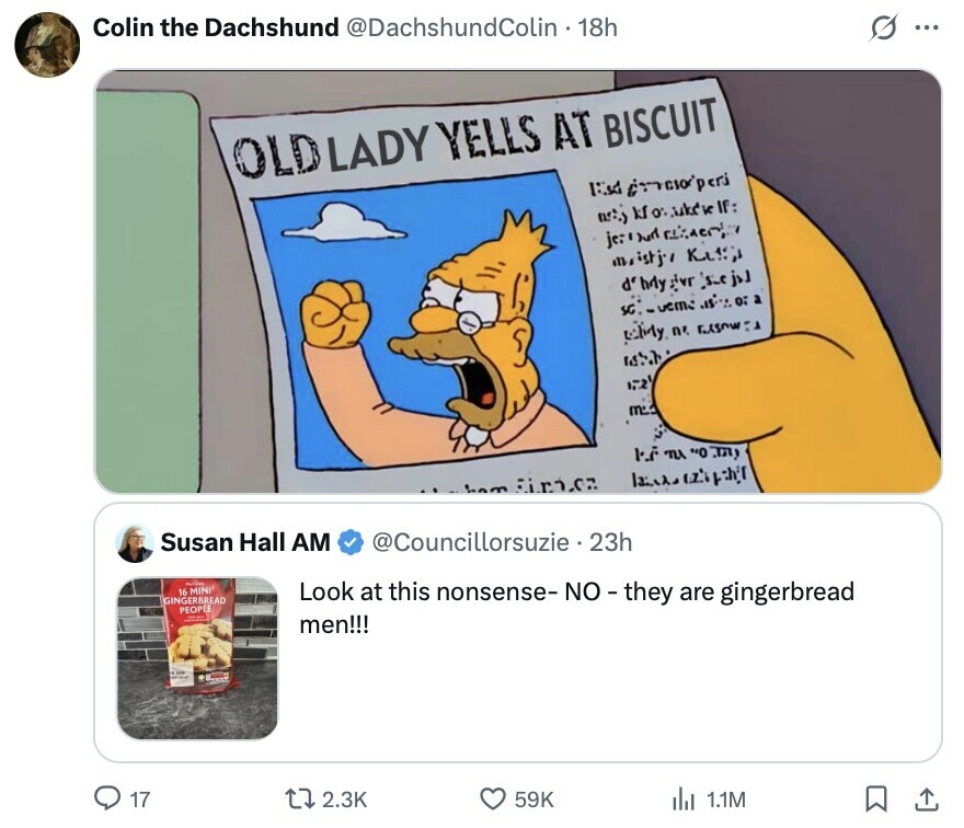 Colin the Dachshund @DachshundColin 18h s ... OLD LADY YELLS AT BISCUIT 18st kf o:jukd k If: je: () un insisti, Kitti d'hdy jivr sc:-vem: city n with 1.21 m تخر ت١٠٠ m been Firica Susan Hall AM @Councillorsuzie 23h 16 MINI GINGERBREAD Look at this nonsense-NO-they are gingerbread PEOPLE - men!!! 17 2.3K 59K del 1.1M