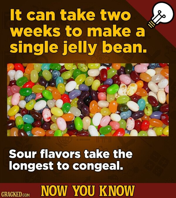 It can take two weeks to make a single jelly bean. Sour flavors take the longest to congeal. NOW YOU KNOW CRACKED.COM