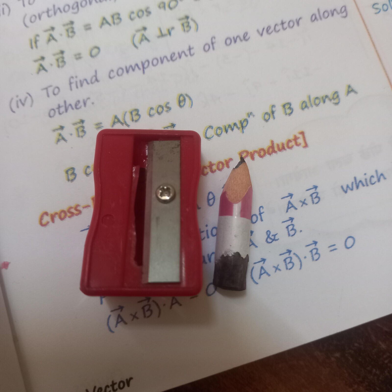 i) (orthogor IF A.B A=O (AtrB) 1.00 = AB cos (iv) To find component of one vector along Solice other. A.B A(B COS 0) Comp of B along A B c ctor Product] Cross- 0 which of AXB tio & TB r (AxB)-B=0 (AxB) .A O lector