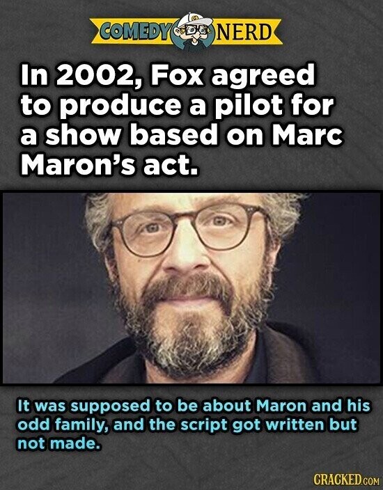 COMEDY NERD In 2002, Fox agreed to produce a pilot for a show based on Marc Maron's act. It was supposed to be about Maron and his odd family, and the script got written but not made. CRACKED.COM