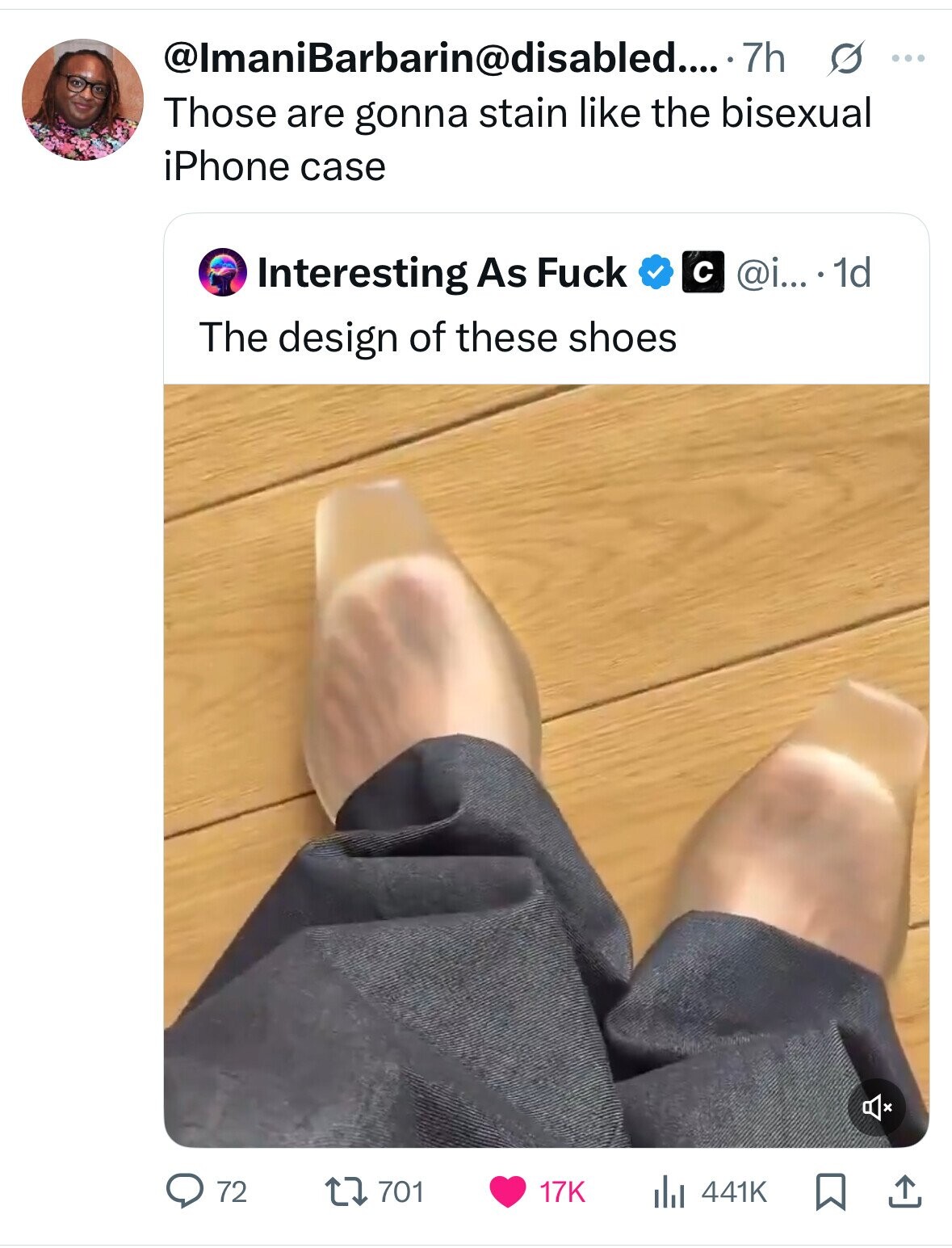 @lmaniBarbarin@disabled.....7 7h s ... Those are gonna stain like the bisexual iPhone case @i... . 1d Interesting As Fuck с The design of these shoes 72 701 17K 441K