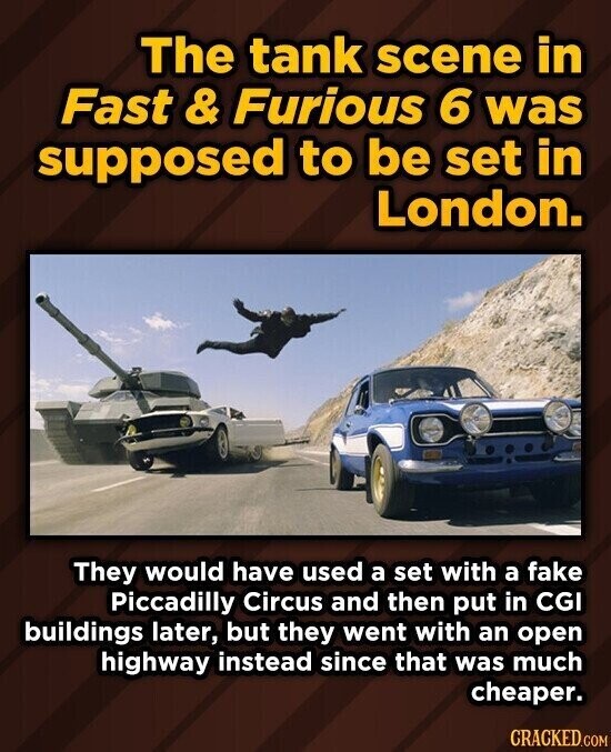 The tank scene in Fast & Furious 6 was supposed to be set in London. They would have used a set with a fake Piccadilly Circus and then put in CGI buildings later, but they went with an open highway instead since that was much cheaper. CRACKED.COM