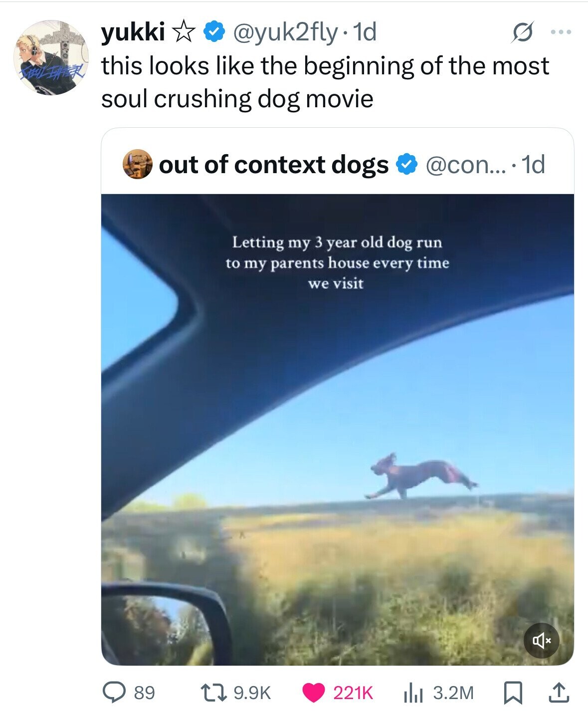 yukki @yuk2fly. 1d ... this looks like the beginning of the most SHALLEHER soul crushing dog movie out of context dogs @con... 1d Letting my 3 year old dog run to my parents house every time we visit 89 9.9K 221K 3.2M