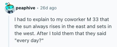 peaphive . 26d ago I had to explain to my coworker M 33 that the sun always rises in the east and sets in the west. After I told them that they said every day?