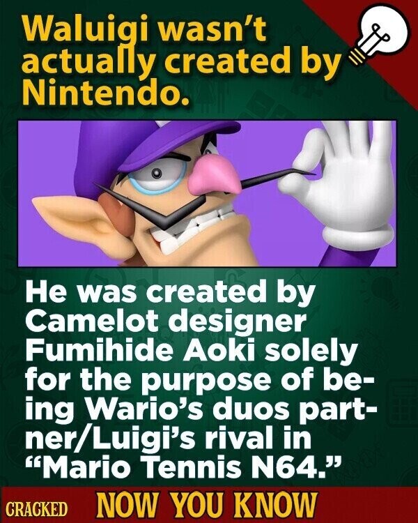 Waluigi wasn't actually created by Nintendo. Не was created by Camelot designer Fumihide Aoki solely for the purpose of be- ing Wario's duos part- ner/Luigi's rival in Mario Tennis N64. CRACKED NOW YOU KNOW