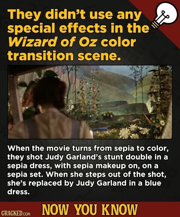 They didn't use any special effects in the Wizard of Oz color transition scene. When the movie turns from sepia to color, they shot Judy Garland's stunt double in a sepia dress, with sepia makeup on, on a sepia set. When she steps out of the shot, she's replaced by Judy Garland in a blue dress. NOW YOU KNOW CRACKED.COM
