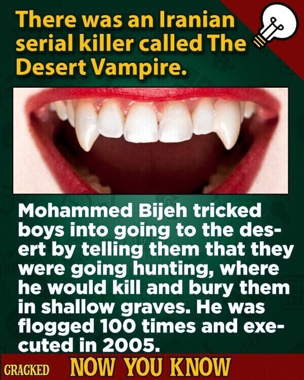 There was an Iranian serial killer called The Desert Vampire. Mohammed Bijeh tricked boys into going to the des- ert by telling them that they were going hunting, where he would kill and bury them in shallow graves. Не was flogged 100 times and exe- cuted in 2005. CRACKED NOW YOU KNOW