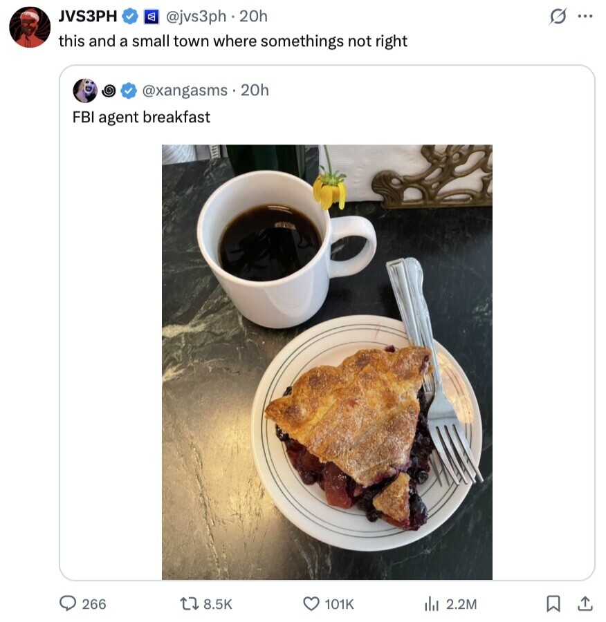 JVS3PH G ... @jvs3ph 20h this and a small town where somethings not right @xangasms.20h FBI agent breakfast 266 8.5K 101K dil 2.2M