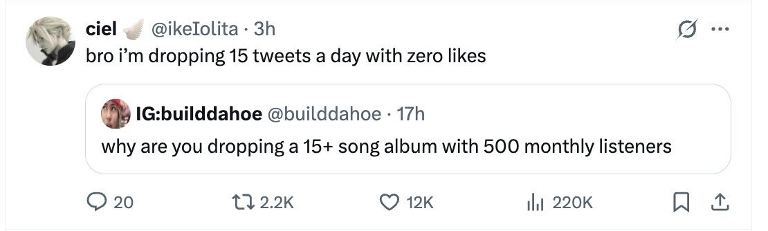 ciel @ikeIolita 3h ... bro i'm dropping 15 tweets a day with zero likes IG:builddahoe @builddahoe 17h why are you dropping a 15+ song album with 500 monthly listeners 20 2.2K 12K del 220K 