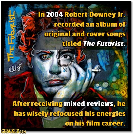 In 2004 Robert Downey Jr. recorded an album of original and cover songs titled The Futurist. THE Fuburist After receiving mixed reviews, he has wisely refocused his energies on his film career. CRACKED.COM
