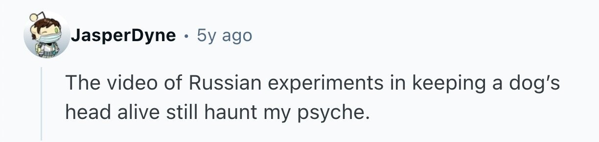 JasperDyne . 5y ago The video of Russian experiments in keeping a dog's head alive still haunt my psyche. 