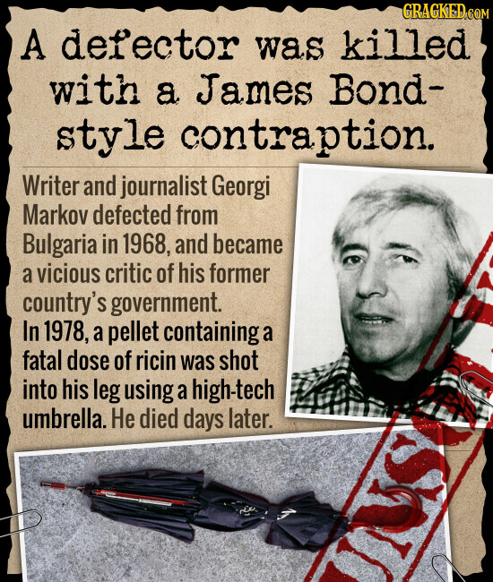 GRAGKED.COM A defector was killed with a James Bond- style contraption. Writer and journalist Georgi Markov defected from Bulgaria in 1968, and became a vicious critic of his former country's government. In 1978, a pellet containing a fatal dose of ricin was shot into his leg using a high-tech umbrella. Не died days later. IUS