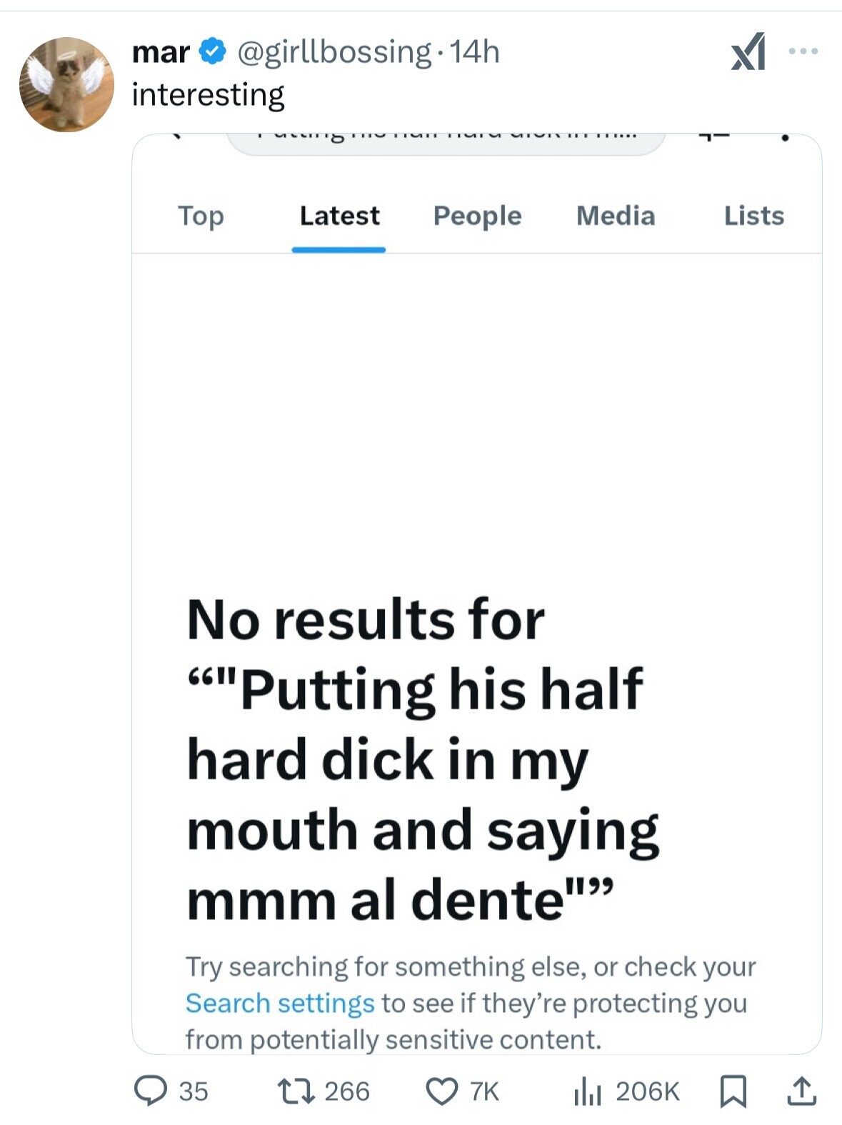 mar XI @girllbossing.14h ... interesting Lists Top Latest People Media No results for Putting his half hard dick in my mouth and saying mmm al dente Try searching for something else, or check your Search settings to see if they're protecting you from potentially sensitive content. 35 266 7K 206K 