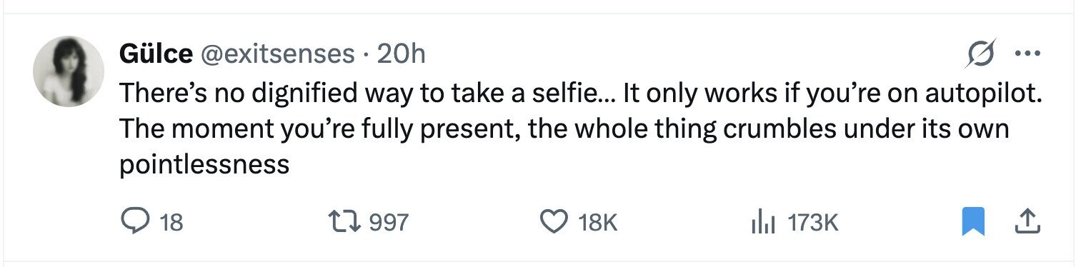 Gülce @exitsenses. 20h ... There's no dignified way to take a selfie... It only works if you're on autopilot. The moment you're fully present, the whole thing crumbles under its own pointlessness 18 997 18K 173K