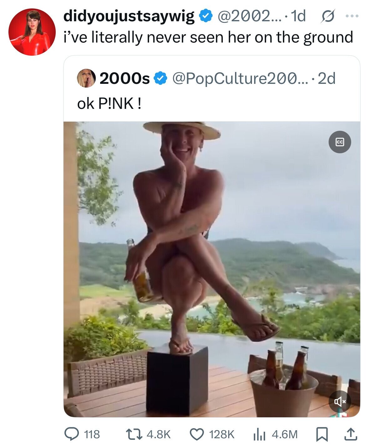 didyoujustsaywig @2002... . 1d s ... i've literally never seen her on the ground 2000s @PopCulture200....2d ok P!NK ! cc 4.8K 118 128K 4.6M 