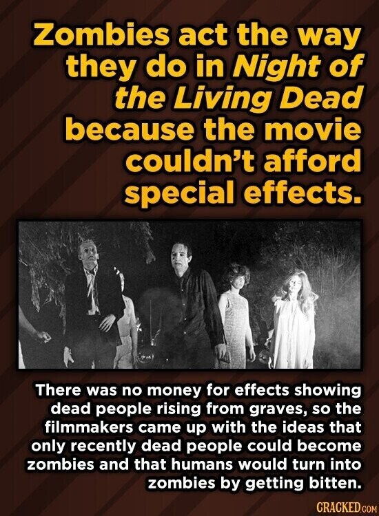 Zombies act the way they do in Night of the Living Dead because the movie couldn't afford special effects. There was no money for effects showing dead people rising from graves, so the filmmakers came up with the ideas that only recently dead people could become zombies and that humans would turn into zombies by getting bitten. CRACKED.COM