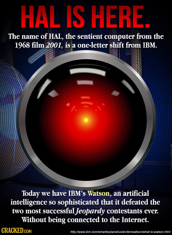 HAL IS HERE. The name of HAL, the sentient computer from the 1968 film 2001, is a one-letter shift from IBM. Today we have IBM's Watson, an artificial intelligence so sophisticated that it defeated the two most successful Jeopardy contestants ever. Without being connected to the Internet. CRACKED.COM http://www.ibm.com/smarterplanet/us/en/ibmwatson/what-is-watson.html