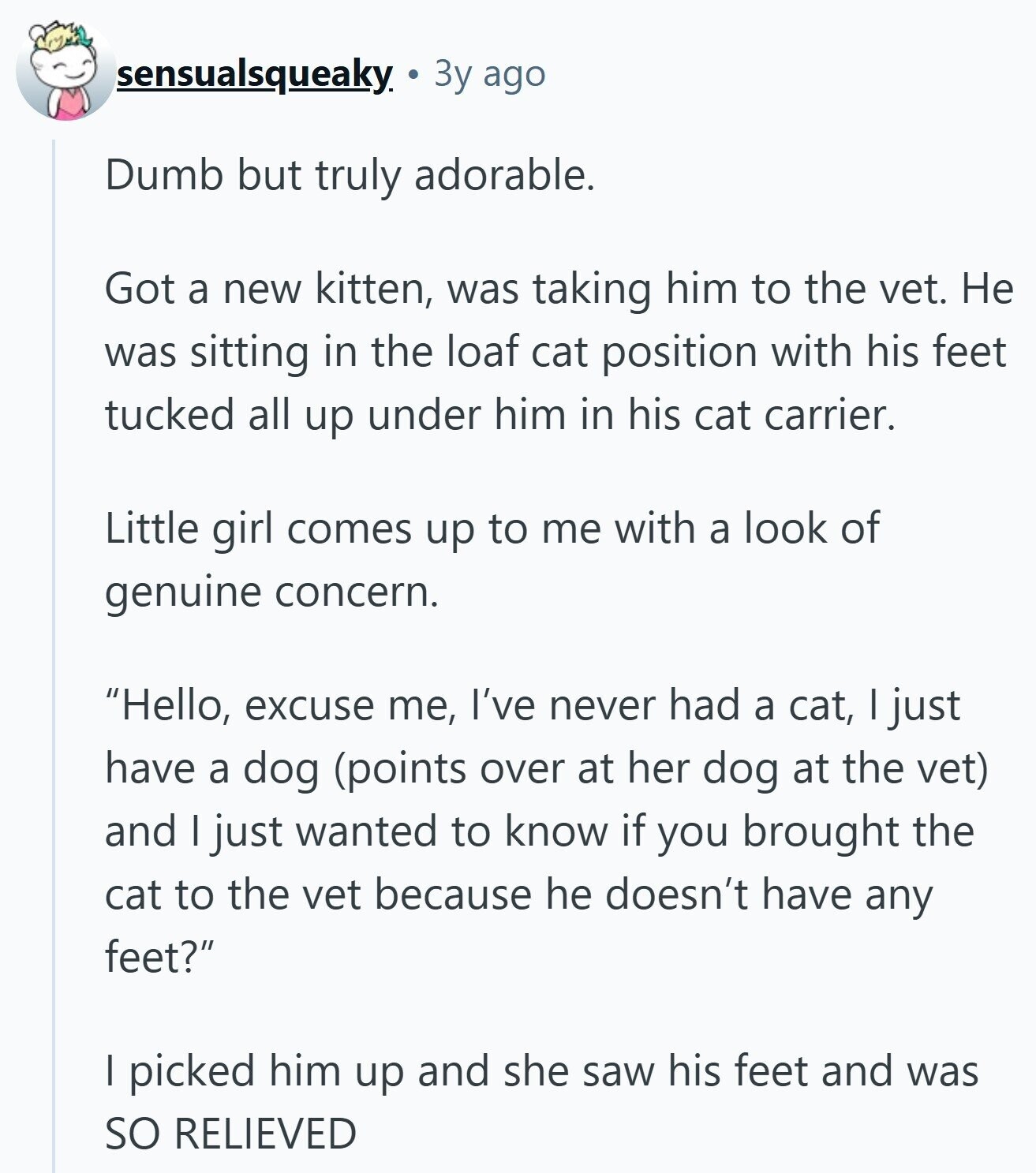 sensualsqueaky Зу ago Dumb but truly adorable. Got a new kitten, was taking him to the vet. Не was sitting in the loaf cat position with his feet tucked all up under him in his cat carrier. Little girl comes up to me with a look of genuine concern. Hello, excuse me, I've never had a cat, I just have a dog (points over at her dog at the vet) and I just wanted to know if you brought the cat to the vet because he doesn't have any feet? | picked him up and she saw his feet and 