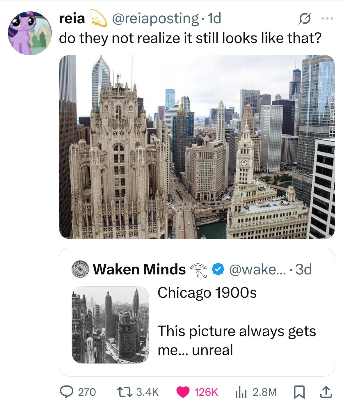 reia @reiaposting 1d G ... do they not realize it still looks like that? Waken Minds @wake... 3d Chicago 1900s This picture always gets me... unreal 3.4K 126K 270 2.8M