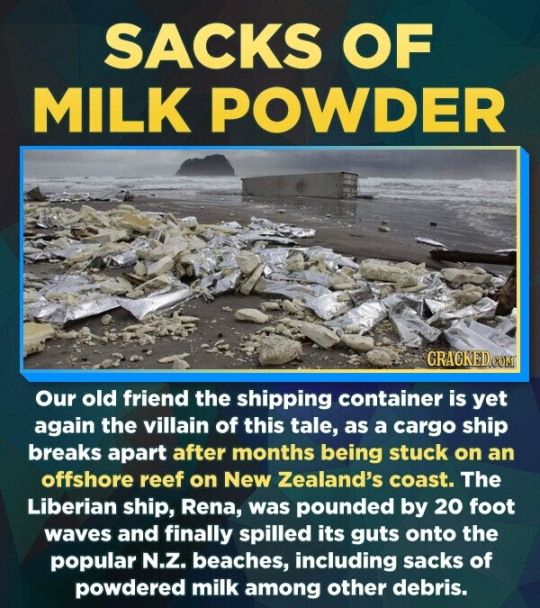 SACKS OF MILK POWDER CRACKED.COM Our old friend the shipping container is yet again the villain of this tale, as a cargo ship breaks apart after months being stuck on an offshore reef on New Zealand's coast. The Liberian ship, Rena, was pounded by 20 foot waves and finally spilled its guts onto the popular N.z. beaches, including sacks of powdered milk among other debris.