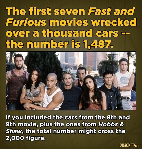 The first seven Fast and Furious movies wrecked over a thousand cars -- the number is 1,487. If you included the cars from the 8th and 9th movie, plus the ones from Hobbs & Shaw, the total number might cross the 2,000 figure. CRACKED.COM