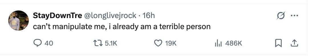 StayDownTre @longlivejrock.1 16h ... the can't manipulate me, i already am a terrible person 40 5.1K 19K del 486K 