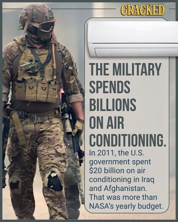 CRACKED THE MILITARY SPENDS BILLIONS ON AIR CONDITIONING. In 2011, the U.S. government spent $20 billion on air conditioning in Iraq and Afghanistan. That was more than NASA's yearly budget.