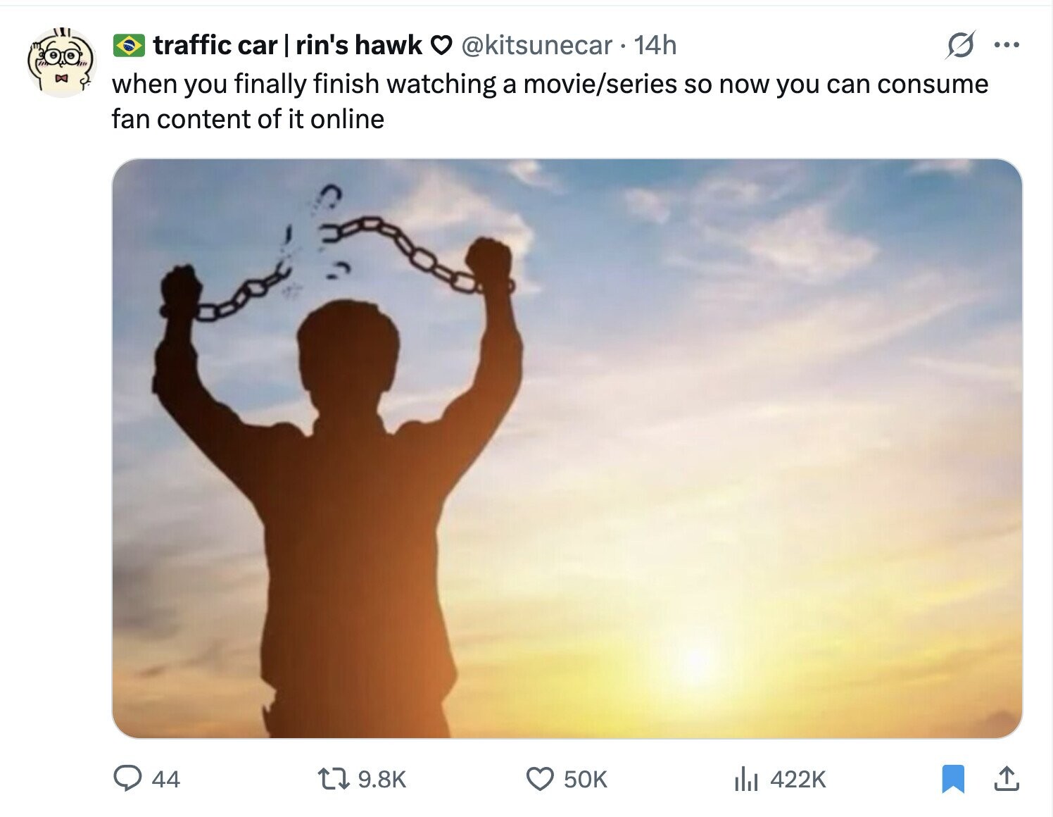 traffic car I rin's hawk @kitsunecar. 14h ... when you finally finish watching a movie/series so now you can consume fan content of it online 44 9.8K 50K del 422K