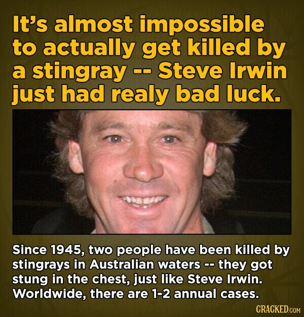 It's almost impossible to actually get killed by a stingray Steve Irwin 00 just had realy bad luck. Since 1945, two people have been killed by stingrays in Australian waters- they got stung in the chest, just like Steve Irwin. Worldwide, there are 1-2 annual cases. CRACKED.COM