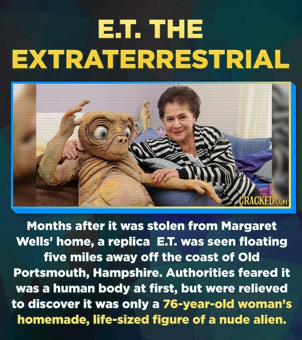 E.T. THE EXTRATERRESTRIAL CRACKED.co Months after it was stolen from Margaret Wells' home, a replica E.T. was seen floating five miles away off the coast of Old Portsmouth, Hampshire. Authorities feared it was a human body at first, but were relieved to discover it was only a 76-year-old woman's homemade, life-sized figure of a nude alien.