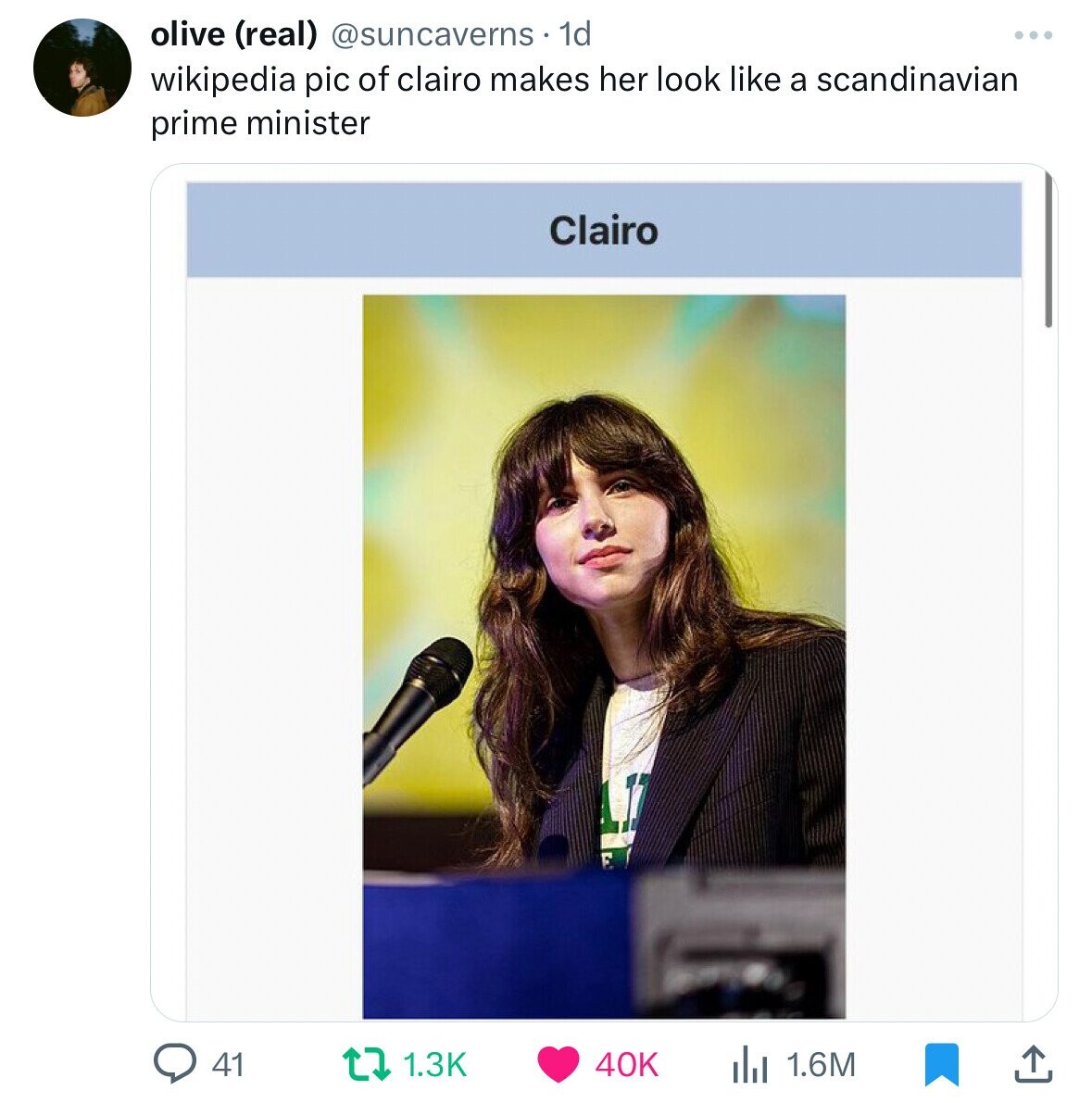 olive (real) @suncaverns 1d wikipedia pic of clairo makes her look like a scandinavian prime minister Clairo 1.3K 40K 41 1.6M