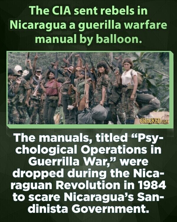 The CIA sent rebels in Nicaragua a guerilla warfare manual by balloon. GRACKED.COM The manuals, titled Psy- chological Operations in Guerrilla War, were dropped during the Nica- raguan Revolution in 1984 to scare Nicaragua's San- dinista Government.