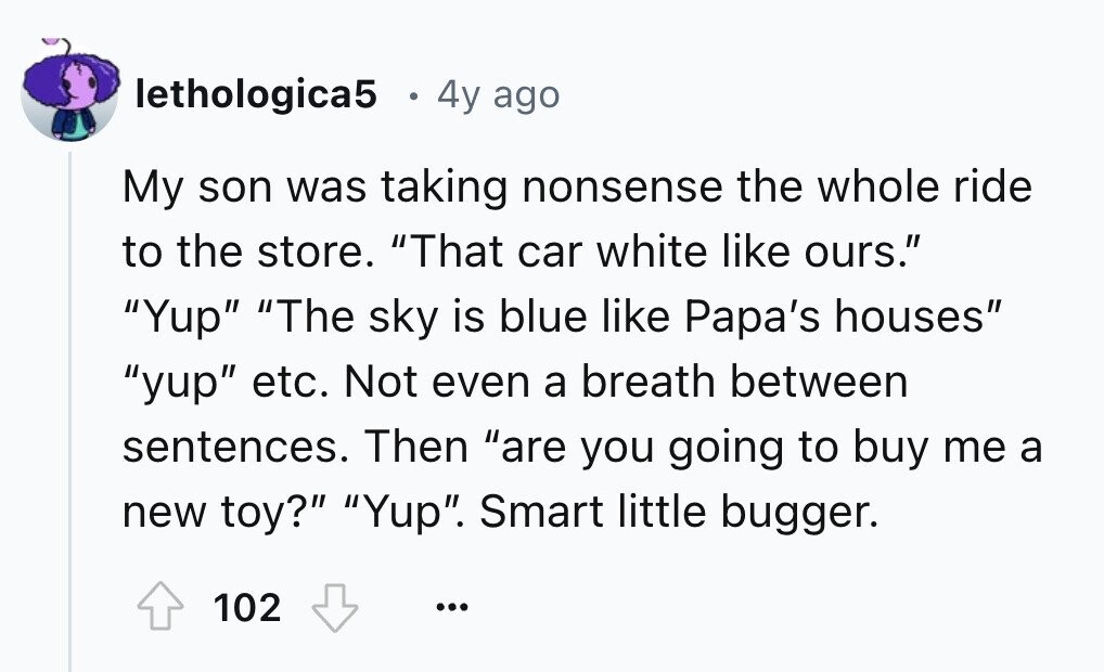 lethologica5 . 4y ago My son was taking nonsense the whole ride to the store. That car white like ours. Yup The sky is blue like Papa's houses yup etc. Not even a breath between sentences. Then are you going to buy me a new toy? Yup. Smart little bugger. 102 ...