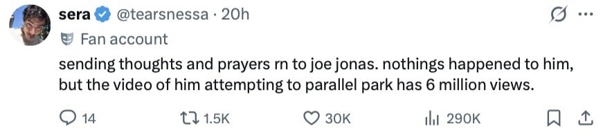 sera @tearsnessa 20h ... Fan account sending thoughts and prayers rn to joe jonas. nothings happened to him, but the video of him attempting to parallel park has 6 million views. 14 1.5K 30K 290K