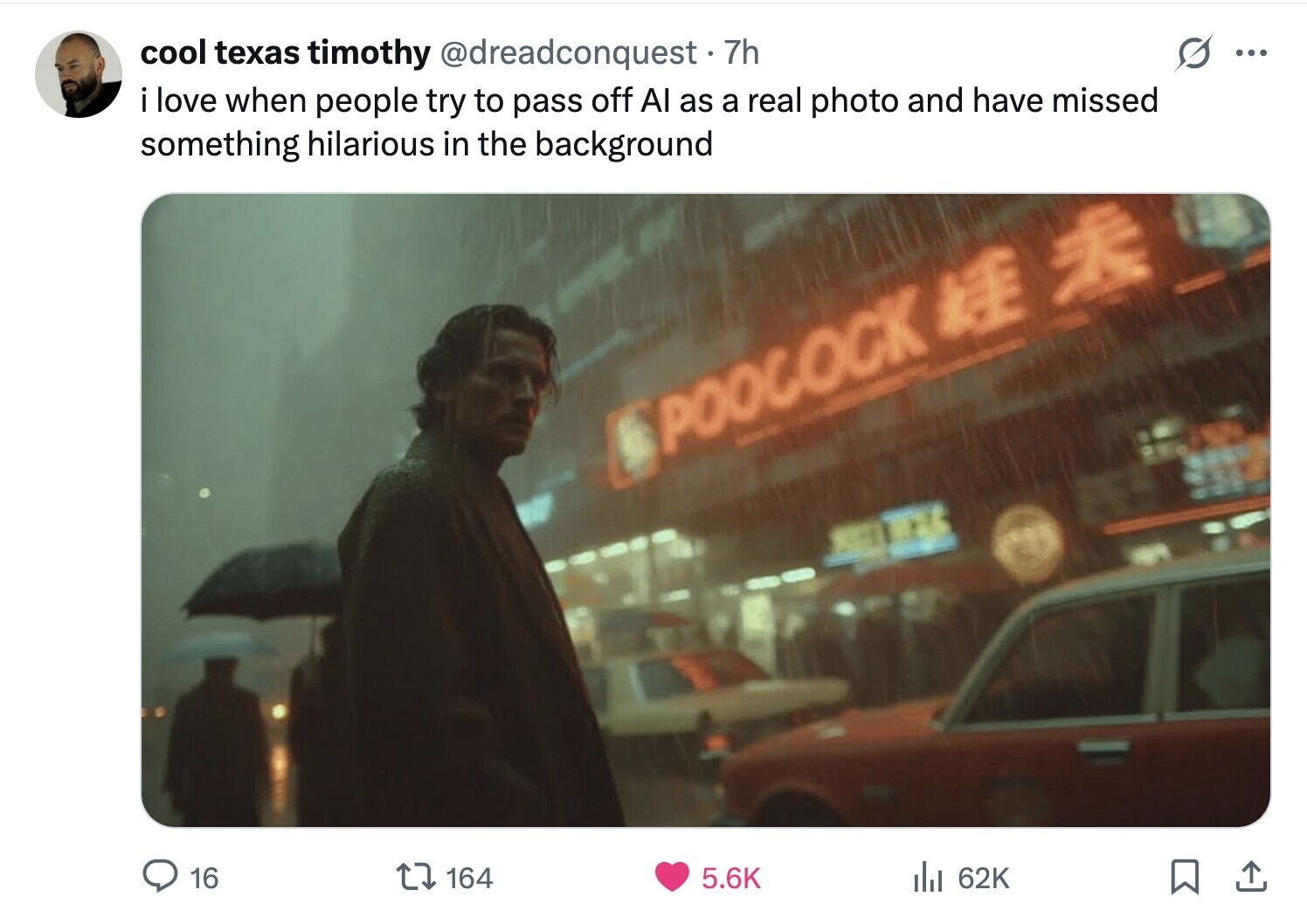 s cool texas timothy @dreadconquest. 7h ... i i love when people try to pass off Al as a real photo and have missed something hilarious in the background POOCOCK a 16 164 5.6K del 62K