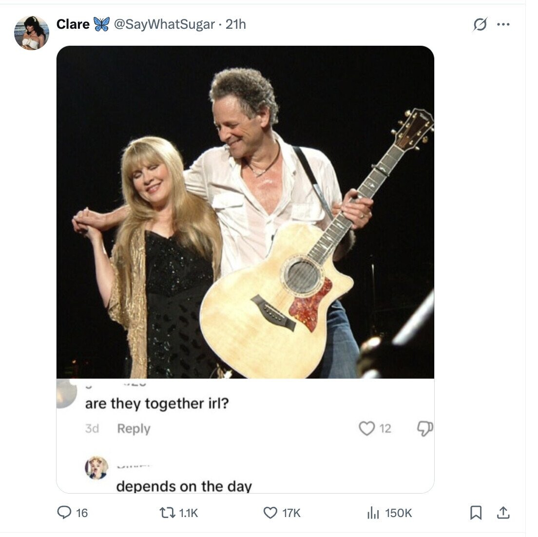 Clare @SayWhatSugar. 21h G ... are they together irl? 3d Reply 12 depends on the day 16 1.1K 17K 150K 